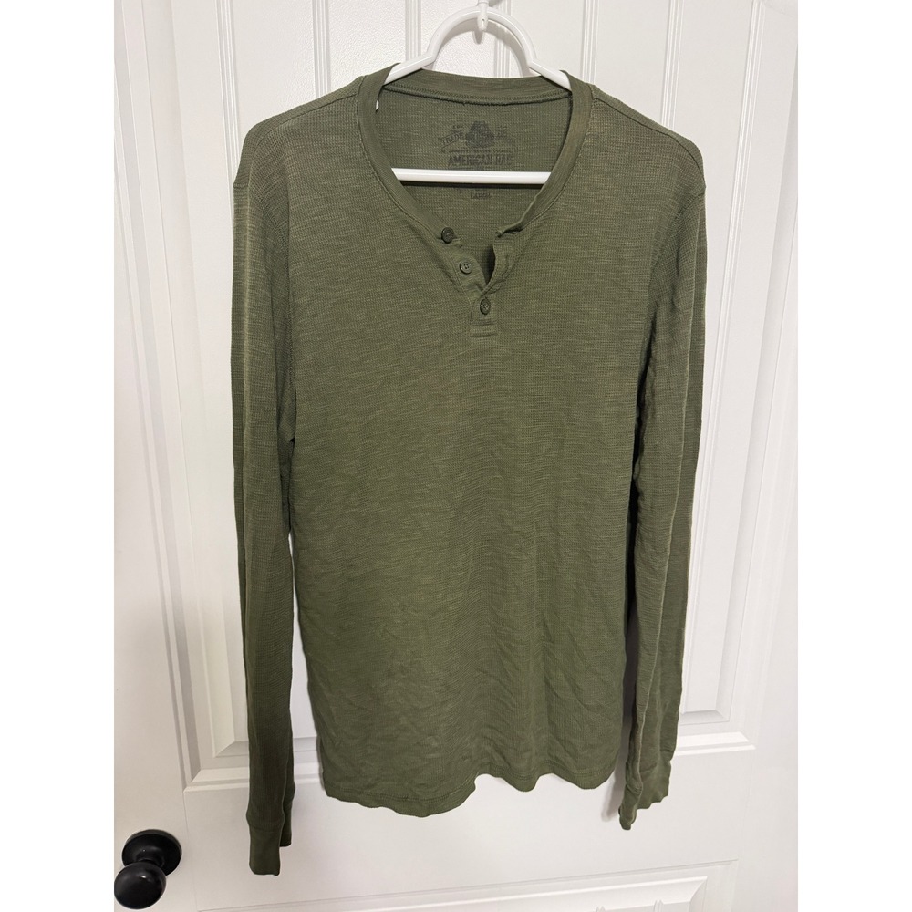 American Rag Henley Mens Large Olive Green Waffle Knit Long Sleeve EUC